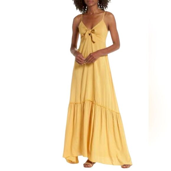 Elan Golden Yellow Tie Front Tiered Maxi Dress - Picture 1 of 9